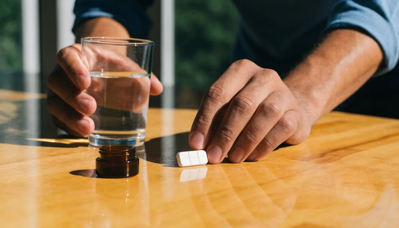Hombre adulto en una rutina matutina activa, con un vaso de agua y un frasco genérico de suplemento sobre una mesa de madera clara a mediodía