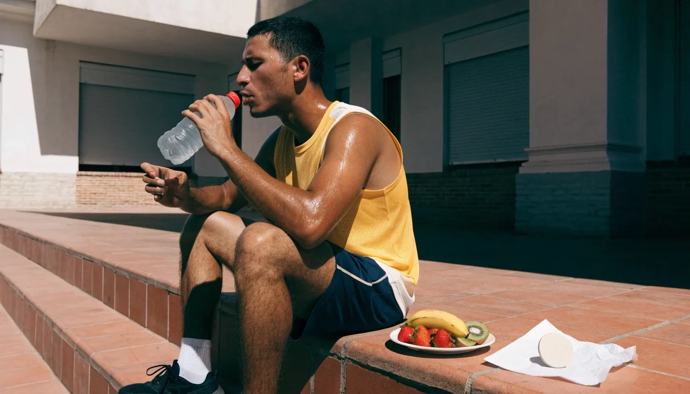 Plato de madera con avena, fruta y huevo junto a una sola tableta, con luz dura de mediodía entrando por una ventana fuera de cuadro