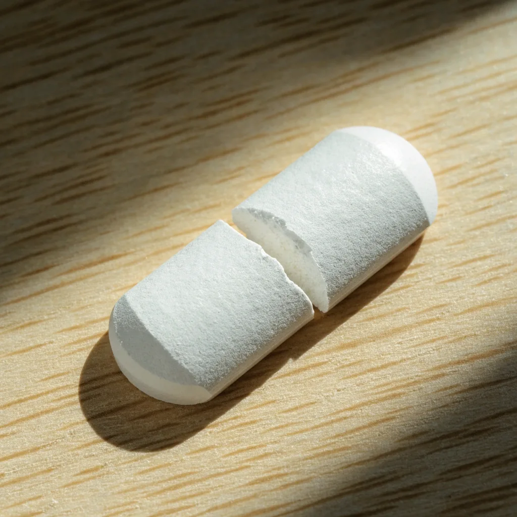 Macro de una tableta partida sobre madera clara con la fractura visible